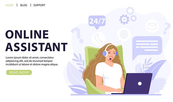 Customer service, online assistant or call center concept. Woman operator with headset talking with client. Online technical support 24/7. Vector web page banner illustration. - Vector, Image