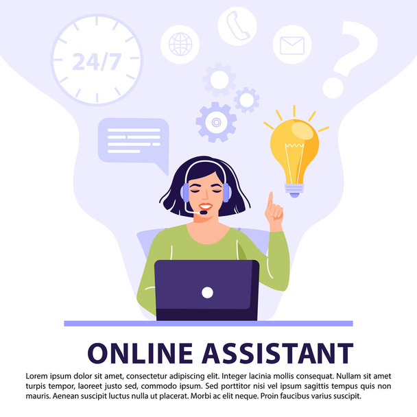 Customer service, online assistant or call center concept. Woman operator with headset talking with client and have solution or idea. Online technical support 24/7. Vector banner illustration. - Vector, Image