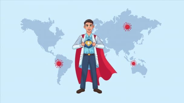 Heldenhafter Superdoktor mit Erde-Karten-Charakter animiert - Filmmaterial, Video