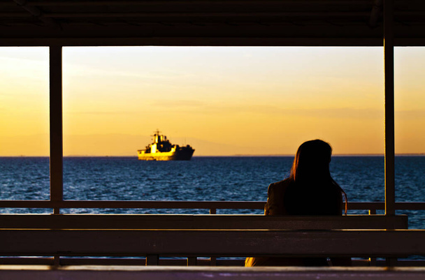 Senhora olhando para navio militar em Ferryboat Foto
 - Foto, Imagem