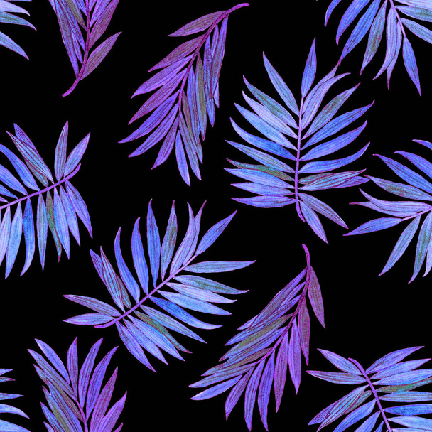Abstract decorative seamless pattern with watercolor tropical leaves on black. Palm. Hawaiian colorful hand drawn illustration. Summer tropical print. - Valokuva, kuva