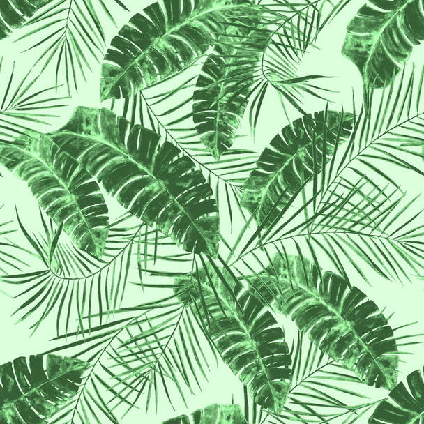 Abstract decorative seamless pattern with watercolor tropical leaves. Monochrome hand drawn illustration. Hawaiian vintage exotic print. - 写真・画像
