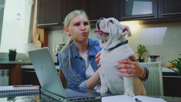 Blonde girl petting bulldog and speaking with it in the kitchen at home - Photo, image