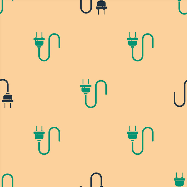 Green and black Electric plug icon isolated seamless pattern on beige background. Concept of connection and disconnection of the electricity.  Vector Illustration. - Vector, Image