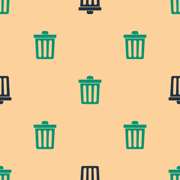 Green and black Trash can icon isolated seamless pattern on beige background. Garbage bin sign. Recycle basket icon. Office trash icon.  Vector Illustration. - Vector, Image