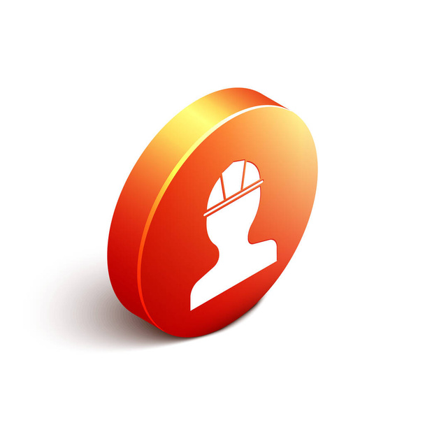 Icono del casco de seguridad del trabajador isométrico aislado sobre fondo blanco. Botón círculo naranja. Ilustración vectorial
. - Vector, imagen