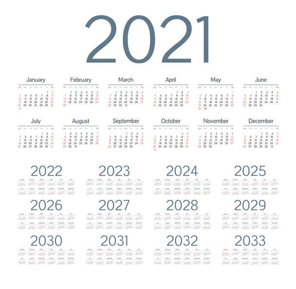 Calendário inglês para os anos 2021-2033, semana começa no domingo
 - Vetor, Imagem