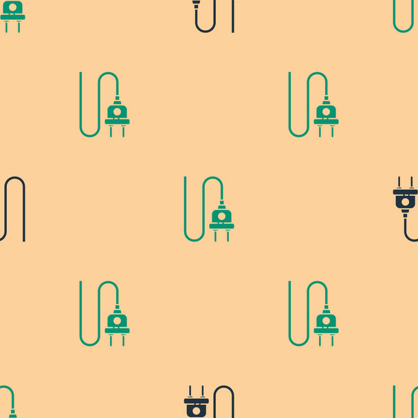 Groen en zwart Elektrische stekker pictogram geïsoleerd naadloos patroon op beige achtergrond. Concept van aansluiting en ontkoppeling van de elektriciteit. Vector Illustratie. - Vector, afbeelding