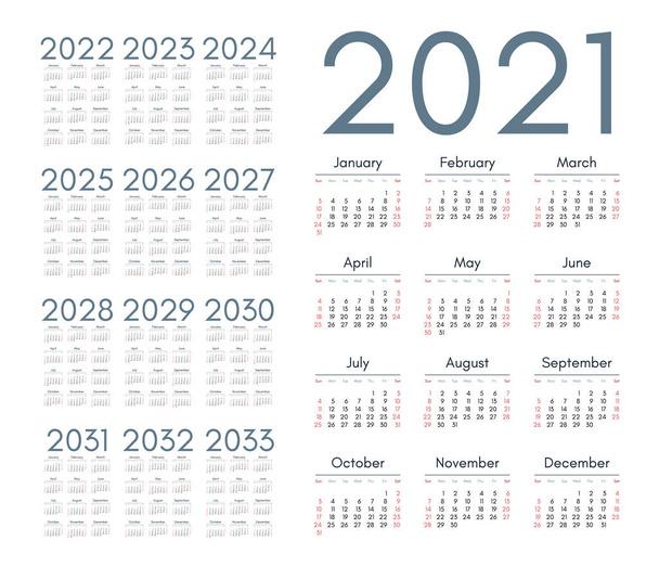 Kalendarz angielski dla lat 2021-2033, tydzień zaczyna się w niedzielę - Wektor, obraz