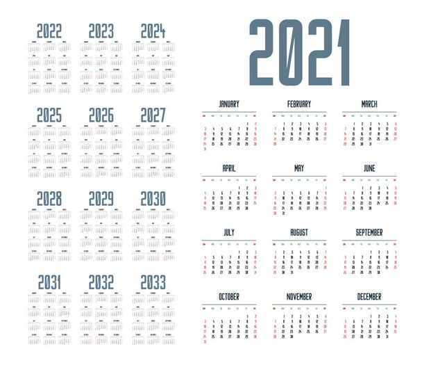 Английский календарь на 2021-2033 годы, неделя начинается в воскресенье
 - Вектор,изображение