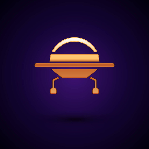 Gold UFO flying spaceship icon isolated on black background. Flying saucer. Alien space ship. Futuristic unknown flying object.  Vector Illustration. - Vector, Image