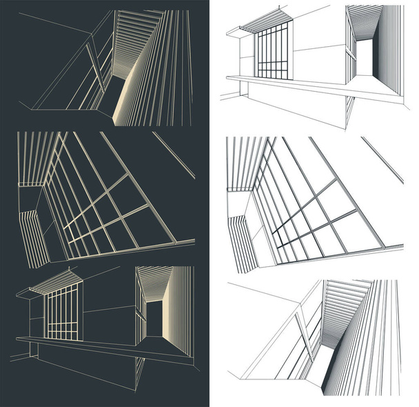 Στυλιζαρισμένη διανυσματική απεικόνιση του περιγράμματος των σύγχρονων κτιρίων και των θραυσμάτων τους mini Set - Διάνυσμα, εικόνα