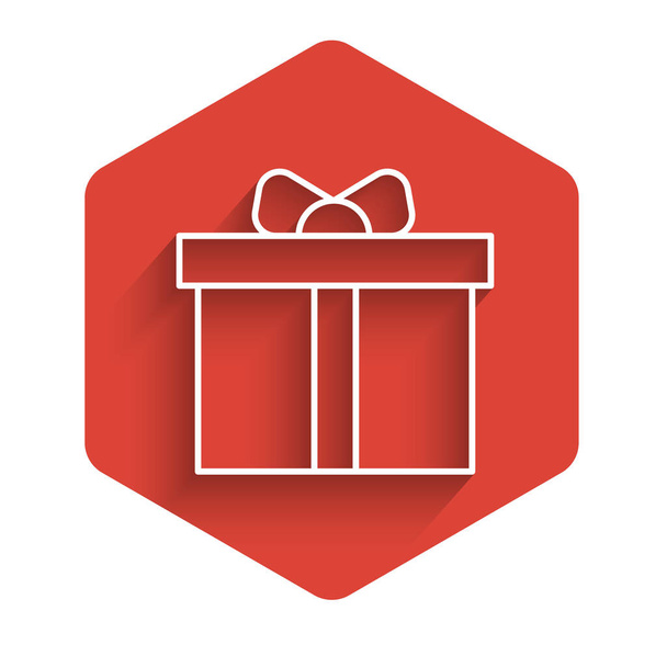 White line Gift box icon isolated with long shadow. Happy Birthday. Red hexagon button. Vector. - Vettoriali, immagini
