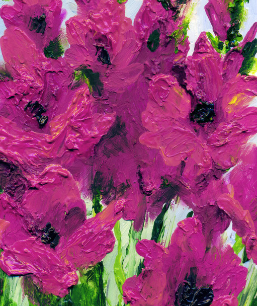 Rustikální retro malva malba malebný pohled. Žhavá purpurová ruka nakreslená akrylovou barvou. Moderní design plátnové karty. Světlé šeříkové barvy čerstvé lilie alcea bud bylinné polní scény na vinobraní lehký papír - Fotografie, Obrázek