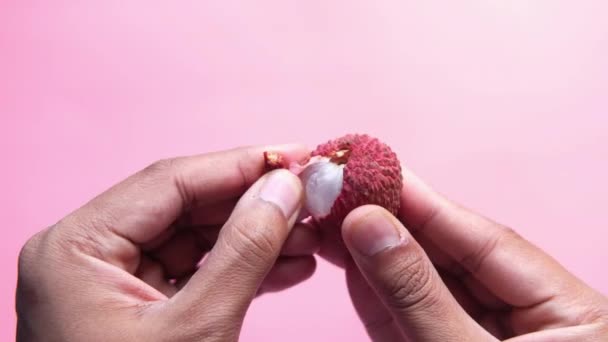 Man hand taking kin off from a Lychee on a pink background top down. - Footage, Video