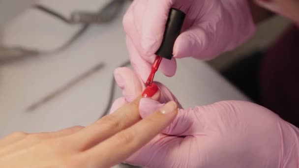 Manicure poetst nagels met een klant in een schoonheidssalon. - Video