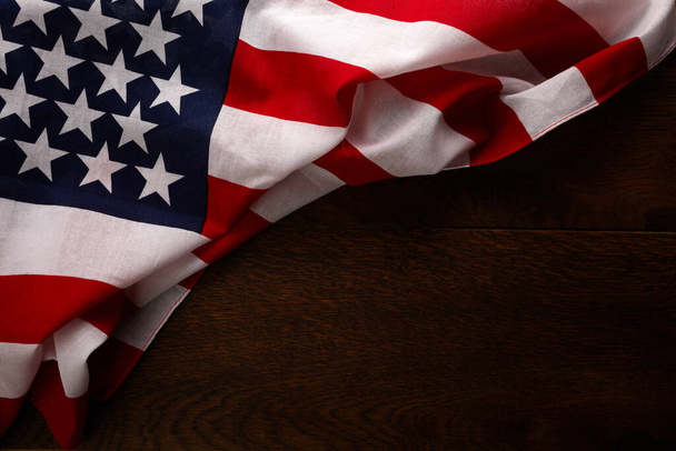 Retro american flyer, 4th of july background. Pride day flag. USA flag on wooden table - Φωτογραφία, εικόνα