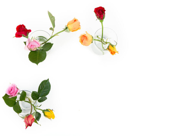 Minimalist composition of multicolored roses in glass vases on white background. Holiday Greeting Card. Top view. Copy space - 写真・画像