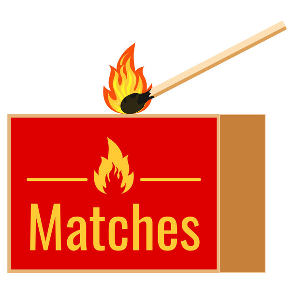 Burning match and matchbox flat design icon isolated on white background. Vector illustrations burning matchstick on fire with sparks. Symbol of ignition, withering. - Vector, Imagen