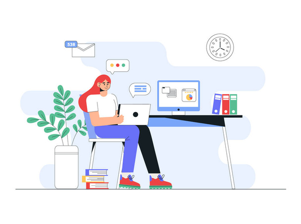Freelance, online education or social media concept. Home office concept, woman working from home with laptop. Flat style vector illustration. - Vector, Image