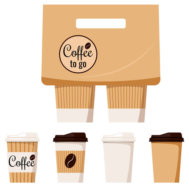 Kraft brown, white paper coffee cup with cap and holder isolated on white background icon set, front view - Vektor, kép