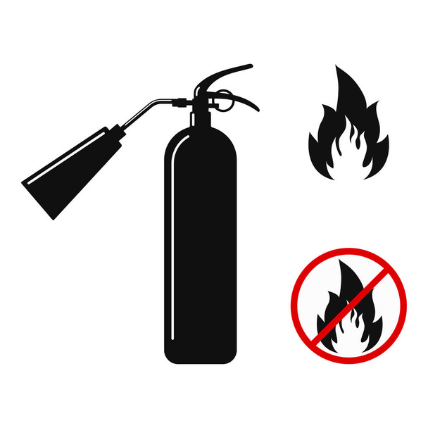 Flat design black fire extinguisher with nozzle silhouette icon, fire and no fire sign crossed out in circle isolated on white. - Vector, afbeelding