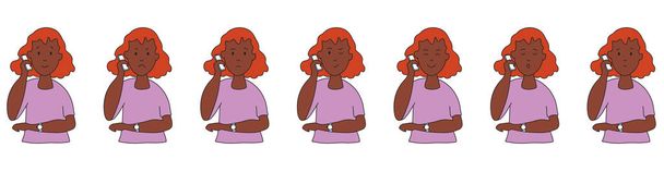 Different emotions. A woman Ethnic background is talking on the phone. Facial expressions. Joy, sadness, anger, conversation, funny, fear, smile. Vector illustration flat design. Cartoon. - Vector, Image