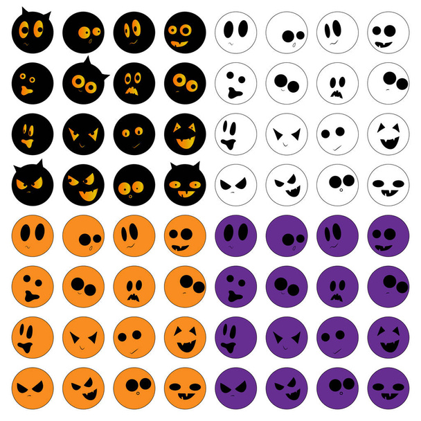 Set of ghostly faces on a white background. Different emotions for the constructor for Halloween: joy, curiosity, fear, surprise, horror, fun, sadness, happiness. - Φωτογραφία, εικόνα