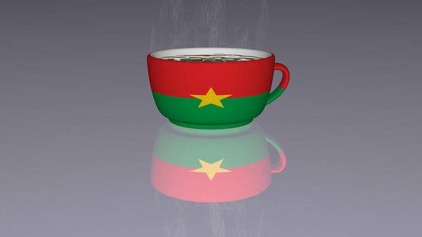 3D-Illustration von Burkina Faso auf einer Tasse heißen Kaffees mit realistischer Perspektive und auf dem Boden gespiegelten Schatten - Foto, Bild