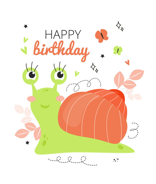 Illustration postcard happy birthday with a snail, butterflies, hearts, leaves. Happy birthday greeting card vector - Vektor, Bild