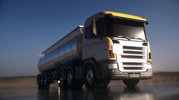 高速道路で黄色の燃料タンカートラック。ガソリンタンカー。3Dレンダリング - 映像、動画