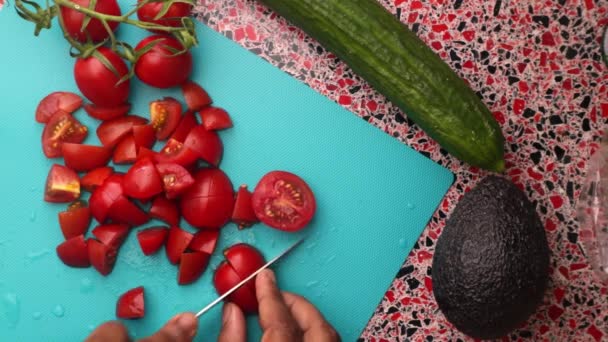 Top view of chef making healthy salad in kitchen - Video, Çekim