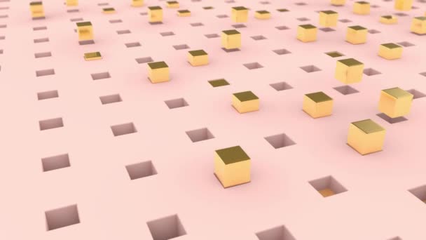 Animación 3D de una superficie rosa con agujeros cuadrados de los que salen cubos de oro y se convierten en bolas. Fondo abstracto
. - Metraje, vídeo
