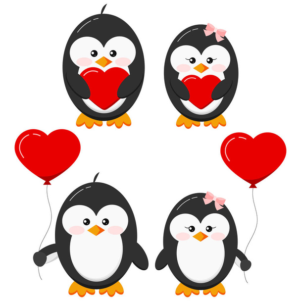 Cute lovely penguin stand with red heart and heart shape balloons set isolated on white background. Flat design Valentine s Day vector character illustration. Boy and girl bird couple in love. - Vektor, obrázek