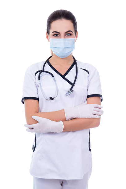 attractive female doctor in mask and gloves isolated on white background - Фото, зображення