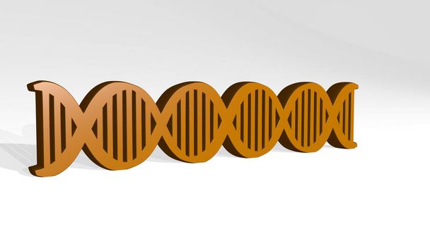 DNA DOUBLE HELIX hergestellt durch 3D-Illustration einer metallisch glänzenden Skulptur auf einer Wand mit hellem Hintergrund. Molekül und Biologie - Foto, Bild