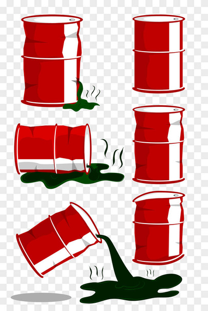 Vetor simples, 6 barril vermelho líquido tóxico verde da condição diferente, no fundo transparente do efeito
 - Vetor, Imagem