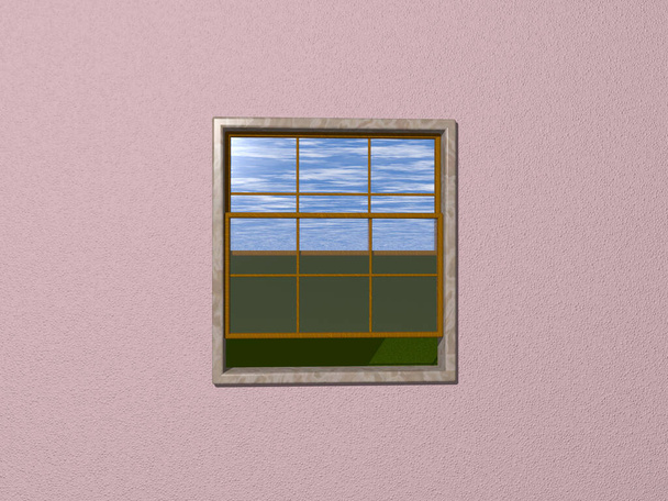 Illustrazione 3D della finestra a fascia aperta al prato verde e cielo blu nuvoloso dalla parete rosa chiaro. pietra e materiali in legno - Foto, immagini