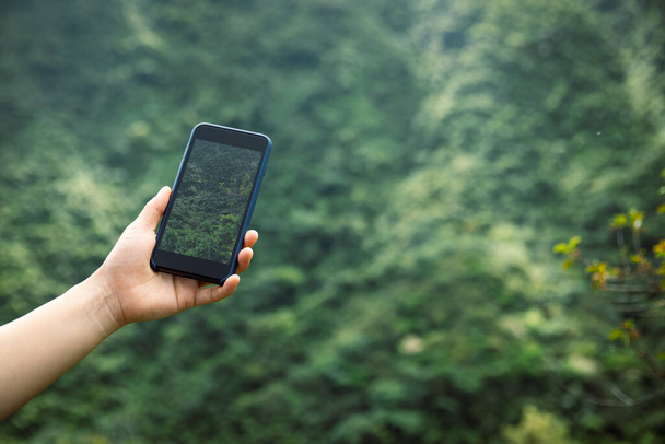 Hand using smartphone taking photo on forest mountain top - Φωτογραφία, εικόνα