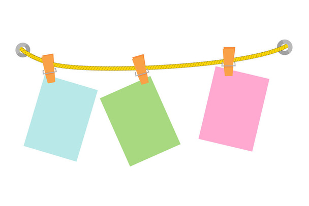Διάνυσμα ψαλιδισμένο μπλε πράσινο και ροζ κενό σημείωμα μήνυμα, σε κίτρινο σχοινί, απομονώνονται σε λευκό  - Διάνυσμα, εικόνα