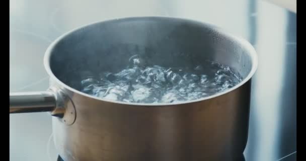 Metalen pan met hete vloeistof op keukenfornuis, close-up - Video