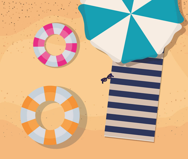 ranta pyyhe sateenvarjo ja kelluu ylhäältä näkymä vektori suunnittelu - Vektori, kuva