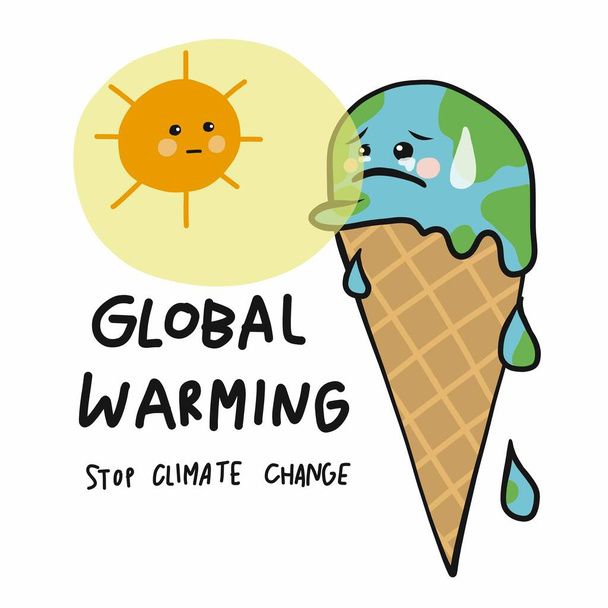 Global warming earth ice-cream cone melting cartoon vector illustration - Vektör, Görsel