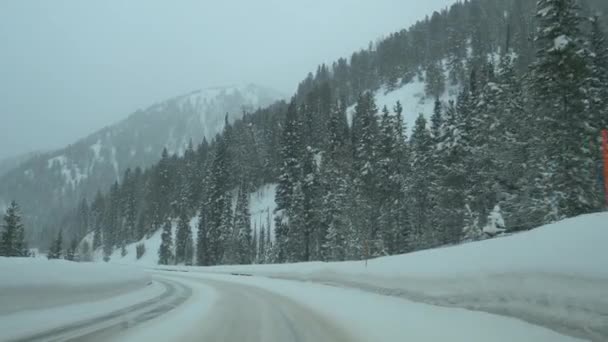 Сценічна машина їде по сніговій дорозі в захопливих Скелястих горах.. - Кадри, відео