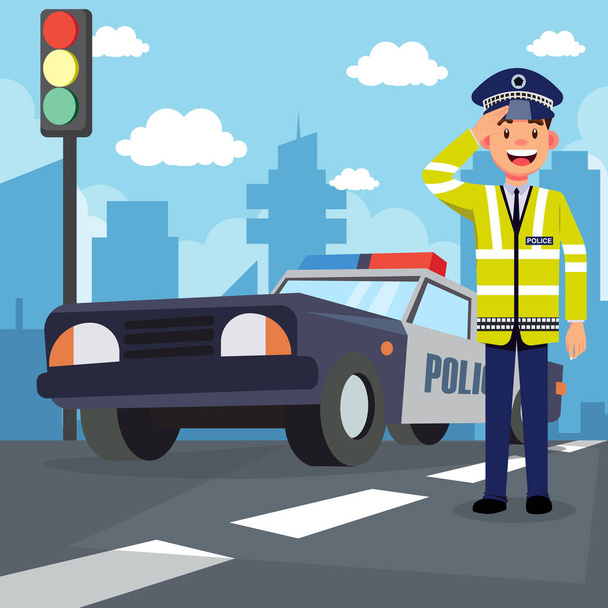 Policjant drogowy stojący poza ilustracją wektora samochodu - Wektor, obraz
