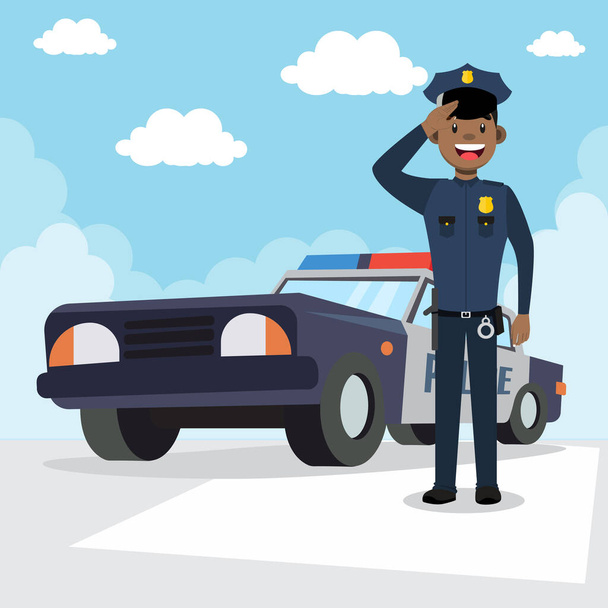 Poliziotto ufficiale su sfondo città con auto della polizia in stile piatto vettoriale illustrazione - Vettoriali, immagini