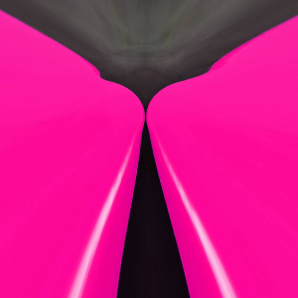 paar spiegelbeeld van twee levendige helder roze glanzende kromme vormige tafels omgezet in e unieke ongewone vormen patronen en ingewikkelde ontwerpen - Foto, afbeelding