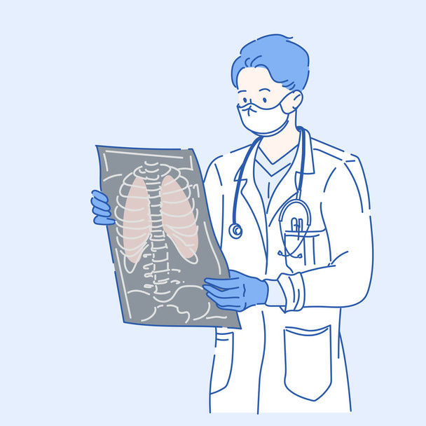 Médico mirando una imagen de rayos X en el hospital. Concepto de atención médica. Mano dibujada en estilo de línea delgada, ilustraciones vectoriales
. - Vector, Imagen