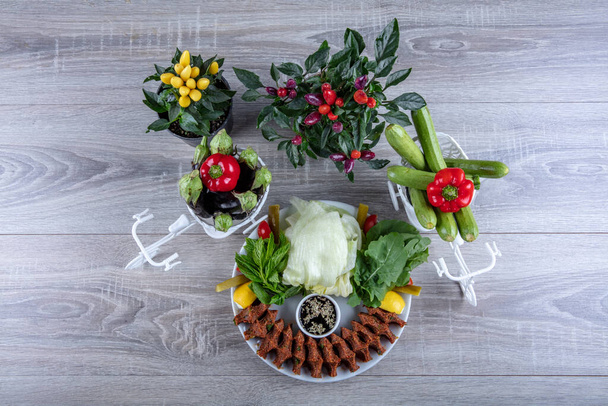 Τουρκικά Cig Kofte Τροφίμων με λεμόνι, μαρούλι και μαϊντανό σε πορσελάνινο πιάτο.  - Φωτογραφία, εικόνα