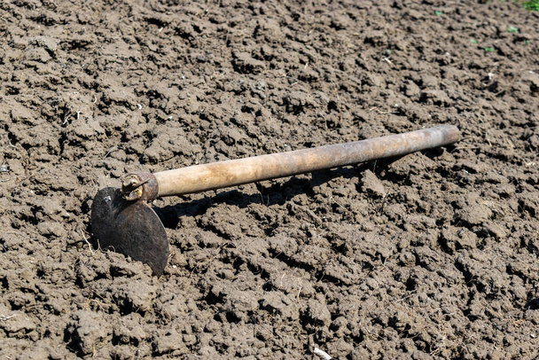 Gardening hoe on the cultivated soil in spring - Photo, Image